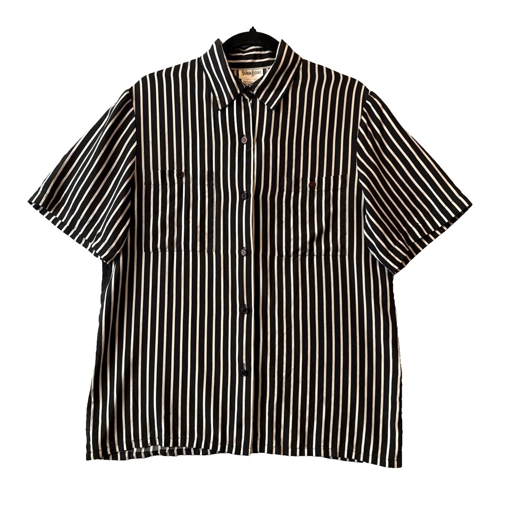 Vtg Neiman Marcus 100% Silk Striped Shirt M 90s Corpcore Minimalist Goth Grunge